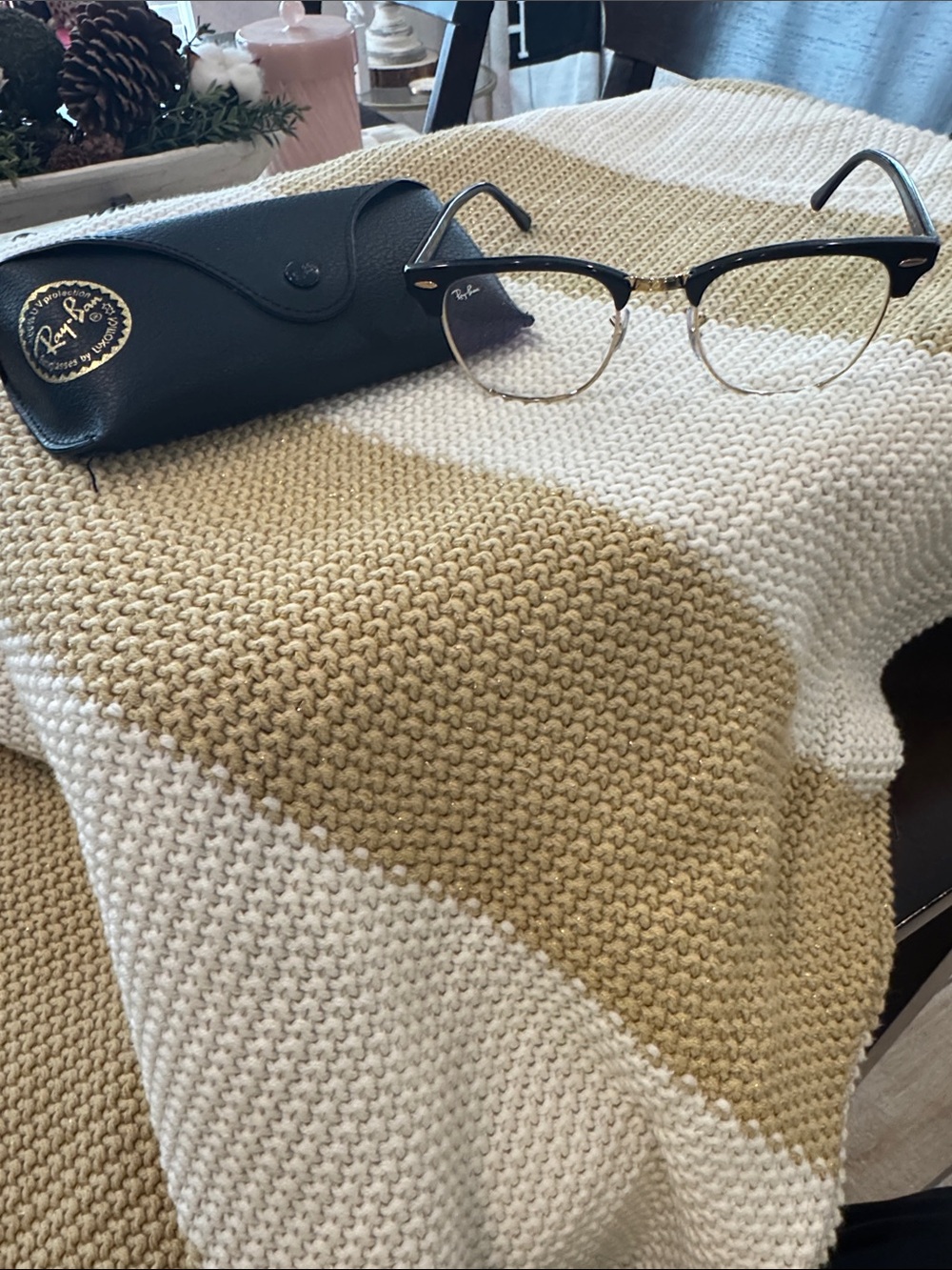 Ray-Ban Black and Gold Semi-Rimmed Clubmaster Style Glasses